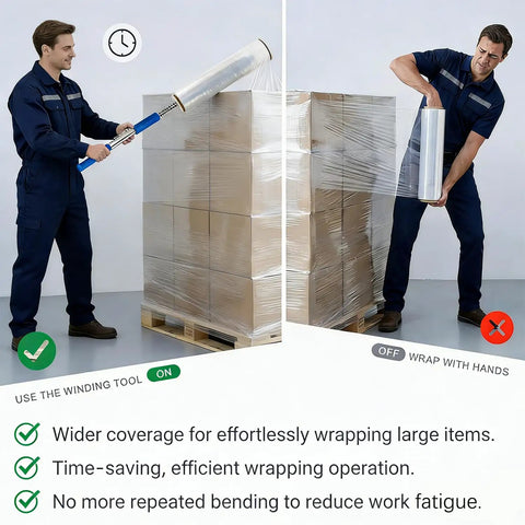 Heavy Duty Stretch Film Dispenser Pole Holder With 48 Inch Reach For Easy Pallet Wrapping, Fits 2 To 3 Inch Core Rolls And 12 To 24 Inch Lengths, Durable Steel Frame, Ergonomic Handle, Fast Fuss Free Warehouse Wrapping; worker wrapping pallet
