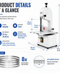 Massive 1500W Jam Free Commercial Meat Band Saw with painted body, stainless steel work table, and 8 replaceable saw blades.