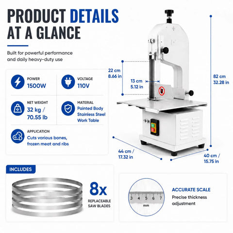 Massive 1500W Jam Free Commercial Meat Band Saw with painted body, stainless steel work table, and 8 replaceable saw blades.