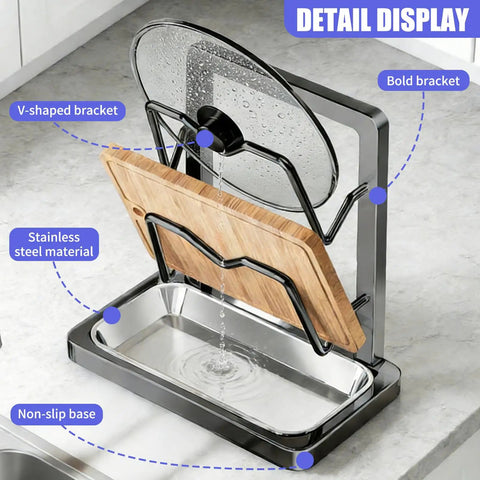 Heavy Duty 304 Stainless Steel Pot Lid Rack With Drip Tray And Spoon Rest, V-shaped bracket holding wood and glass lids