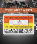 Premium Silicone Watch Crown O Ring Seals Kit For Repairing Watches with storage case showing various sizes.