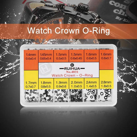 Premium Silicone Watch Crown O Ring Seals Kit For Repairing Watches with storage case showing various sizes.