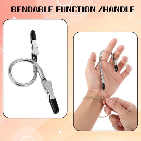 Two Pack Bracelet Helper Tools Set Portable One Handed Jewelry Clasp Helper With Hooks In 7.87 Inch And 6.3 Inch Easy To Use Fastening Aid For Necklaces And Bracelets Quick Release Jewelry Assistants, showing bendable handle and tool usage on hand with jewelry.