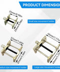 Three sizes of Aluminum Alloy Watch Movement Holder Kit with dimensions for watchmakers and hobbyists.