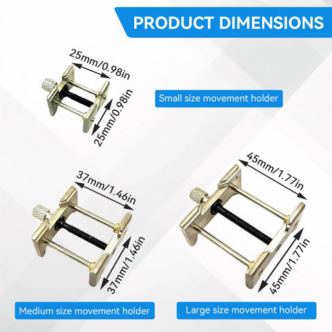 Three sizes of Aluminum Alloy Watch Movement Holder Kit with dimensions for watchmakers and hobbyists.