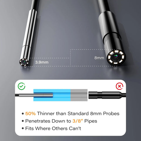 Ultra-Thin 3.9mm Endoscope With Light, 4.3 Inch IPS 1080P HD Borescope, IP67 Waterproof Inspection Camera, USB Interchangeable Cable, 16.5ft Semi-Rigid Probe, Includes 3.3ft Drain Clog Remover For Tight Engine And Pipe Inspections. 3.9mm probe shown beside 8mm probe