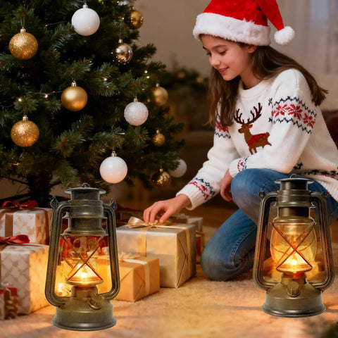 Girl decorating by tree with Vintage LED Outdoor Lantern With Dancing Flame Wick, Battery Powered Waterproof Camping Lamp