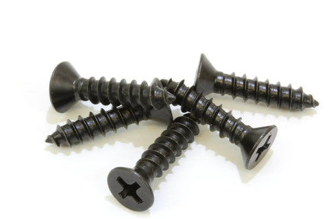 Badass 18-8 Stainless Steel Flat Head Phillips Wood Screws 8 X 3/4 Inch Black Oxide Coated laid together on a white background.