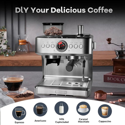 Kickstart Your Day Right With This Built In Grinder Espresso Machine Cranking Out 20 Bar High Pressure Shots Paired With A Reliable Milk Frother Steam Wand For Sipping Spot On Lattes And Cappuccinos At Home In Light Gray, showcasing espresso maker with built-in grinder and steam wand.