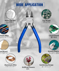 6 Inch Precision Wire Cutters for Jewelry Making, Ultra Sharp Flush Cutters with blue and black handles and usage icons