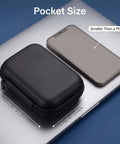 Black Hardshell Tech Travel Case For Cables And Chargers With Mesh Pocket And Elastic Straps Drip Proof Eva Cord Clutch For Smart Gadgets Everyday Carry Gear next to a phone for size comparison.