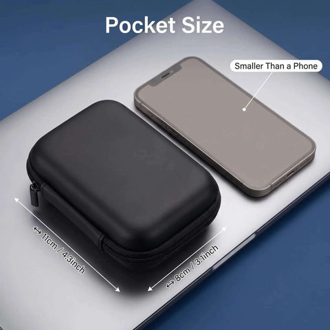 Black Hardshell Tech Travel Case For Cables And Chargers With Mesh Pocket And Elastic Straps Drip Proof Eva Cord Clutch For Smart Gadgets Everyday Carry Gear next to a phone for size comparison.