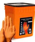 Heavy Duty Orange Nitrile Work Gloves - 8 Mil Thick Diamond Texture - 500 Count Large Bulk Bucket with gloves displayed.