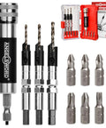 Pro Grade Premium Countersink Drill Bit Set With Flip Drive For Wood 6 8 10 Sizes, Complete 4 Pack displayed with bits and case