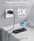 25W USB C Fast Charger Block With 2 Pack Long USB C Cables 10 Ft And 6 Ft Quick Charge for iPhone next to books charging device
