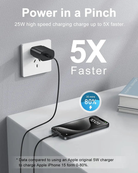 25W USB C Fast Charger Block With 2 Pack Long USB C Cables 10 Ft And 6 Ft Quick Charge for iPhone next to books charging device