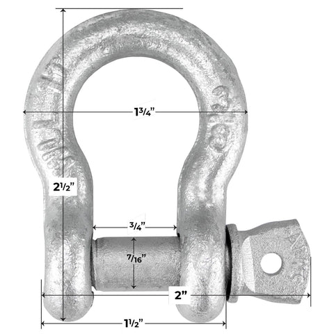 Shackles With Screw Pins Grade 43 3/8 Inch 10 Pack 4,000 Pound Safe Working Load Heavy Duty Link with dimensions shown