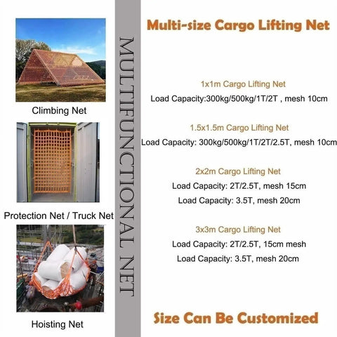 Heavy Duty Polyester Sling Net for Easy Load Handling and Lifting, Cement C Net, Rugged Garden Climbing Netting, Industrial Rigging and Towing Gear, Safe Truck Securing and Hoisting, Versatile Net for Home Projects and Jobsite Use showcasing multi-size variations and load capacities