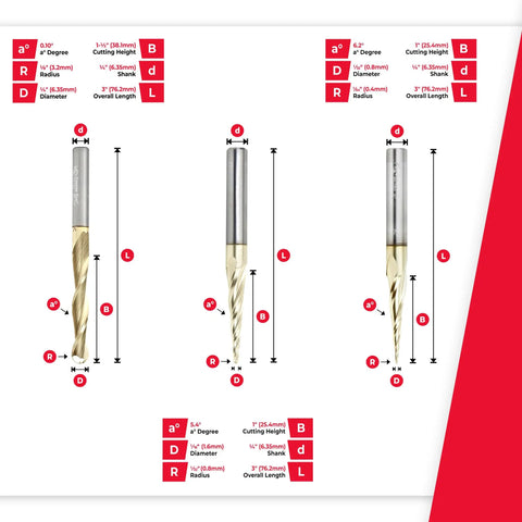Up Cut Spiral CNC Router Bits Set For 2D And 3D Carving With Ball Nose Tips ZrN Coated Pro Grade For Heat Control 3 Piece illustrated