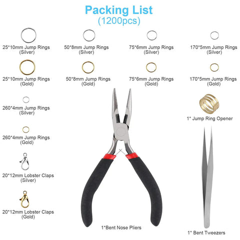 Image of an All In One Jewelry Repair Kit With 1200 Jump Rings And Lobster Clasps, Pliers, Tweezers, And Opener in silver and gold.