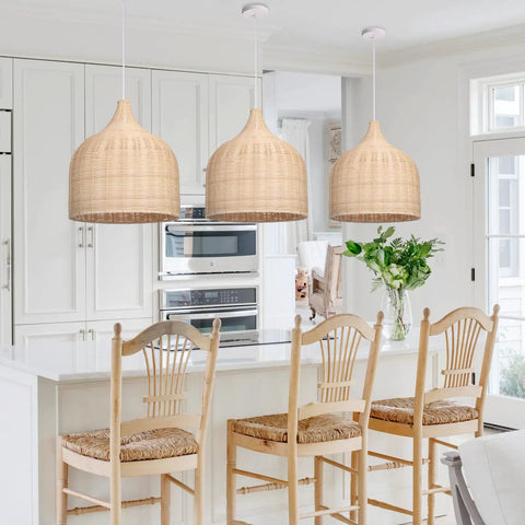 Natural Rattan Woven Pendant Light 13.78 Inch Handmade Ceiling Fixture For Kitchen Island Dining Room Hallway Foyer Dome Shade Chandelier