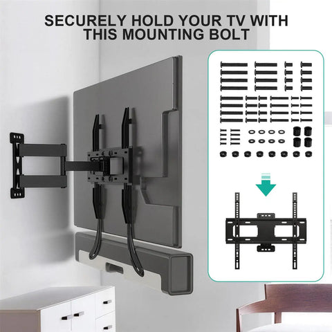 Universal TV Mounting Hardware Kit With 68 Pieces Including M4 M5 M6 M8 Screws And Spacers For Up To 80 Inch Curved And Flat Televisions Black Durable Steel Construction For Plug And Play Quick Easy Setup displayed with mounted TV and included components