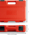 Red case for Three Eighths Inch Drive Metric Impact Socket Set, 26 Piece, Deep And Standard Hex Sockets, black latches, dimensions shown.