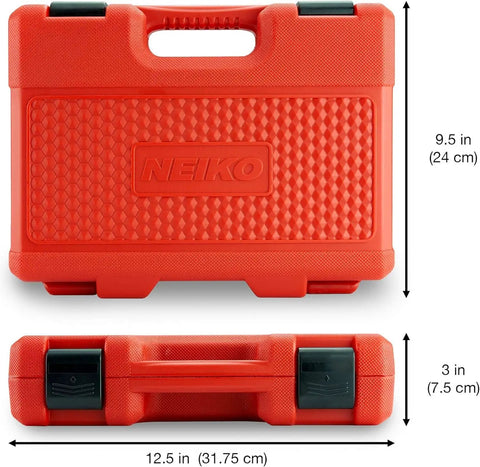 Red case for Three Eighths Inch Drive Metric Impact Socket Set, 26 Piece, Deep And Standard Hex Sockets, black latches, dimensions shown.