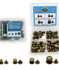 Top Shelf Bronze Button Stud Screws Kit Packs 36 Heavy Duty Rivets In Four Exact Sizes For Tough Leather Work And Badass Diy Builds Giving You A Slick Rust Proof Zinc Finish - assorted bronze button screws in a storage box.