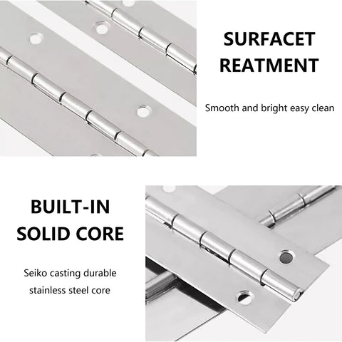 Close-up of Tough as Nails Heavy Duty 12 Inch Stainless Steel Piano Hinges showing smooth surface and solid core construction.