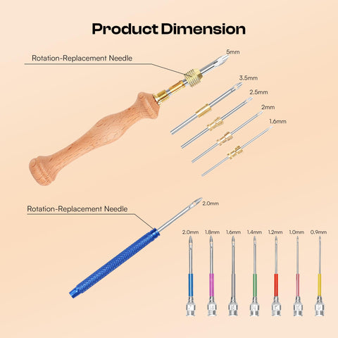 Dope All In One Punch Needle Kit For DIY Embroidery showing wooden and metal needles with sizes from 0.9mm to 5mm.