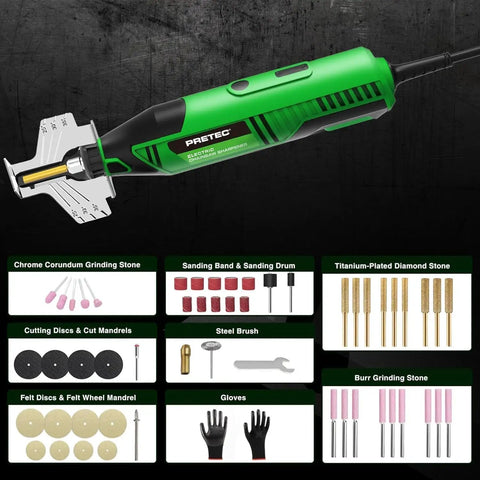 All In One Electric Chainsaw Sharpener Kit With 54 Piece Accessory Set Including Pro Grade Diamond Wheels, stones, discs, angle guide, and wrench