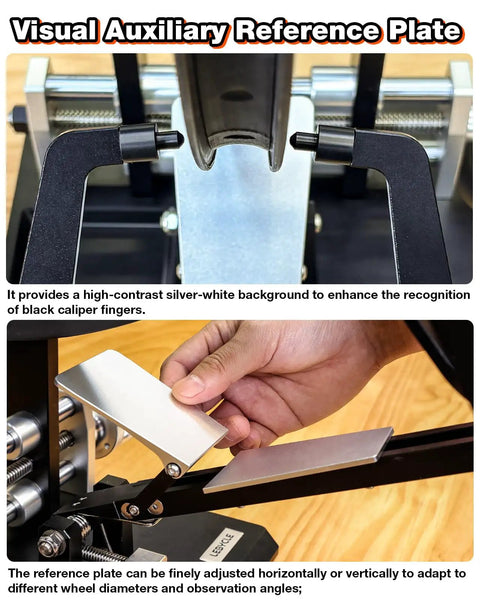 Visual auxiliary reference plate on Pro Grade Bicycle Wheel Truing Stand For Professional Mechanics With Aluminum Alloy Base.