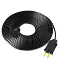 Built Tough 16 Foot Black Extension Cord With Two Prong Plug And 20 AWG Waterproof Cable coiled for outdoor use.