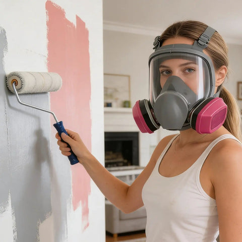 Person wearing Full Face Respirator With Filters For Sanding, Painting, Spraying And Welding, using paint roller indoors.