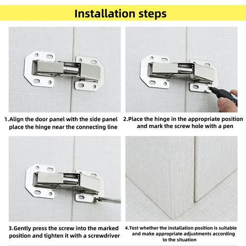Installation steps for 4-7/16 Inch Soft Close Cabinet Hinges 4 Pack With 90 Degree Surface Mount Hidden Spring Design For Concealed Slow Closing Doors For Kitchen Wardrobe Closet Doors Easy Installation