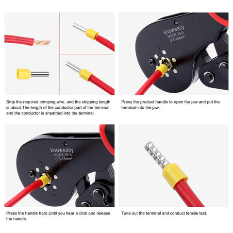 Hexagonal Ferrule Crimping Tool For Wire Ferrules 30-5 AWG 0.5-16mm2 With Ergonomic Non Slip Handle And Ratchet Mechanism in use