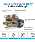 Solid brass valve body for Shower System With 6 Mode Bathtub Handheld Showerhead And Rain Shower Combo, anti-scald design detail.