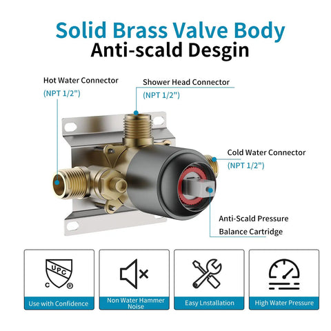Solid brass valve body for Shower System With 6 Mode Bathtub Handheld Showerhead And Rain Shower Combo, anti-scald design detail.
