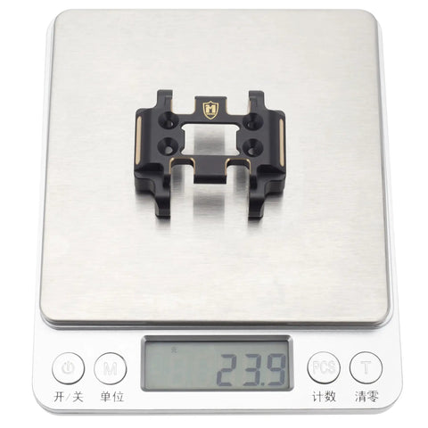 Beefed Up Brass Skid Plate For Redcat Ascent 18 RC Crawler on scale weighing 23.9 grams, durable brass construction