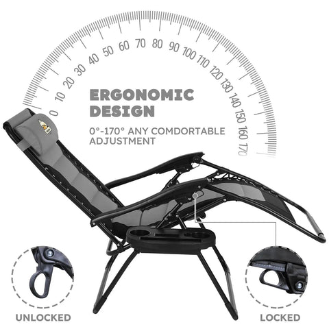 Oversized Padded Zero Gravity Lounge Chair With Cup Holder Foldable Patio Recliner For Camping Yard And Outdoor Use Built With Heavy Duty Steel Frame And Cushioned 600D Oxford Fabric Supports Up To 350 Lbs Black showing ergonomic design with adjustment details.