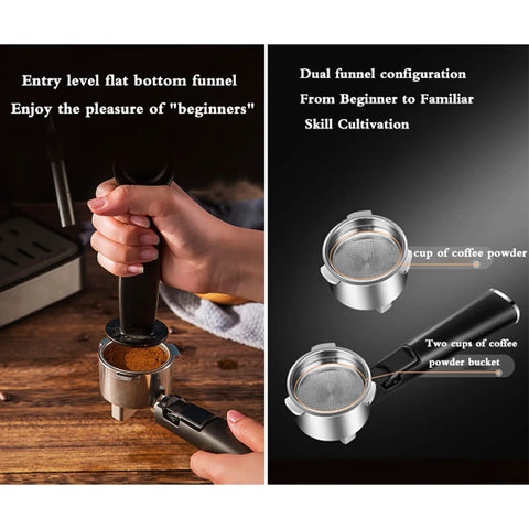 Kickass Semi Automatic Espresso Machine With 20 Bar Pump And Italian Style Frothing Wand For Hella Creamy Cappuccinos Featuring 1.6L Removable Water Tank with dual funnel configuration.