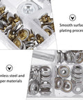 Real Deal Canvas Tarp Snap Kit Featuring Rust Resistant Marine Fasteners With 10 MM And 15 MM Screw Snap Buttons and assorted fasteners in a transparent storage case.
