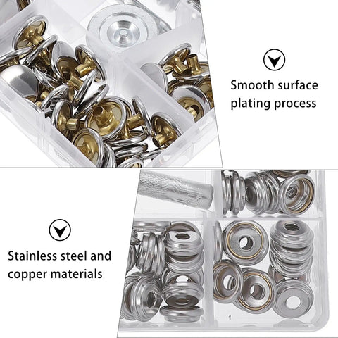 Real Deal Canvas Tarp Snap Kit Featuring Rust Resistant Marine Fasteners With 10 MM And 15 MM Screw Snap Buttons and assorted fasteners in a transparent storage case.