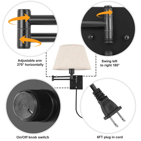 Plug In Wall Sconce With Remote Dimmer And Adjustable Color Temperature 2700K To 6500K, swing arm, beige fabric shade details