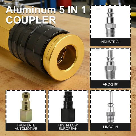 Five In One Universal Quick Connect Air Coupler For Industrial Air Compressors One Quarter Inch NPT Fittings in a workshop