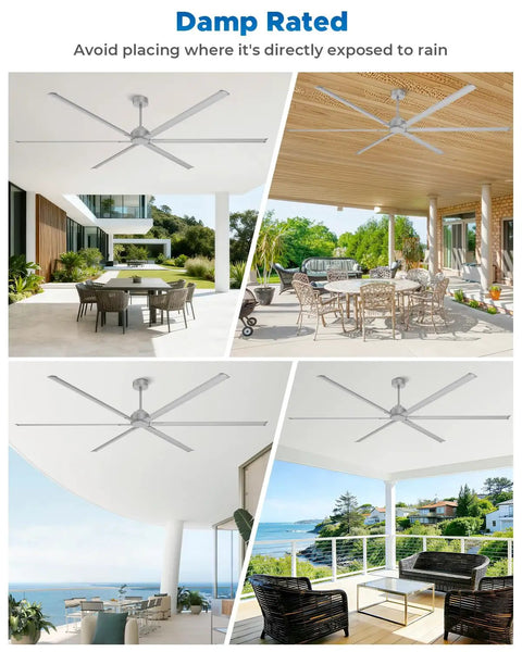 Massive 120 Inch HVLS Industrial Ceiling Fan With Remote Control And Heavy Duty Reversible DC Motor installed in outdoor patio areas