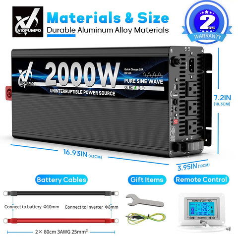 2000 Watt Sump Pump Backup Battery System With Automatic Switchover, Pure Sine Wave Output, Remote LCD Controller, and Battery Cables