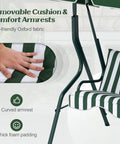 Close-up of Three Person Porch Swing With Canopy And Removable Cushions, heavy duty steel frame, green striped padding detail.