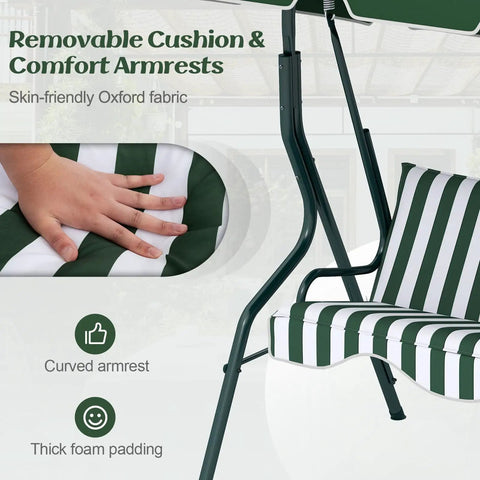 Close-up of Three Person Porch Swing With Canopy And Removable Cushions, heavy duty steel frame, green striped padding detail.